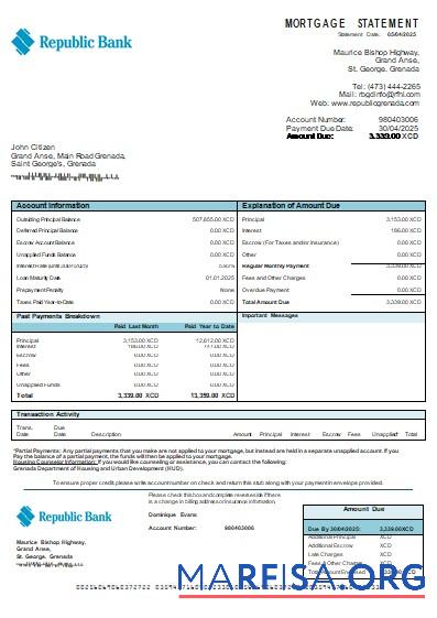Realistic Grenada Republic bank mortgage statement scr real example
